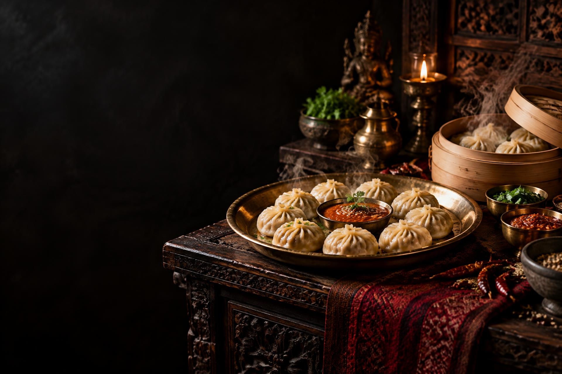 Steaming Nepali momos served on a brass platter